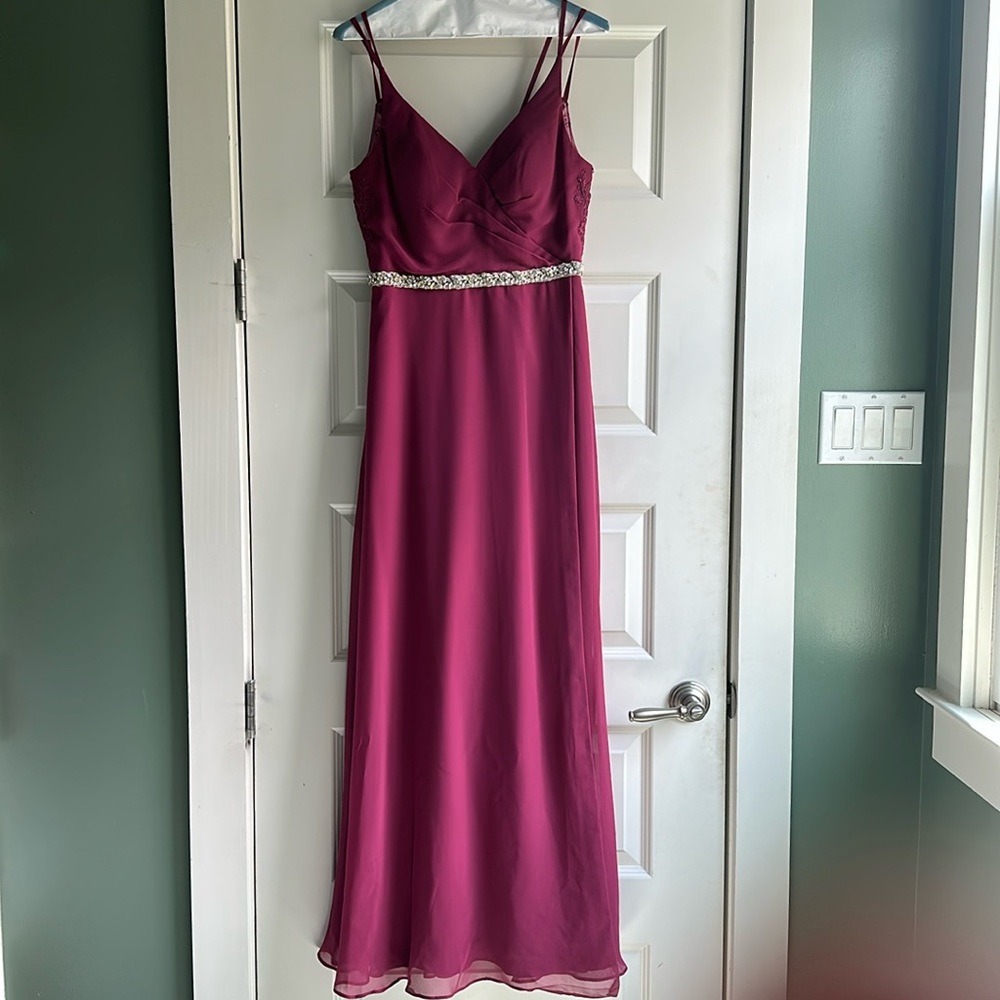 Azazie Cocktail Flowy Chiffon Dress in Mulberry color with rhinestones belt